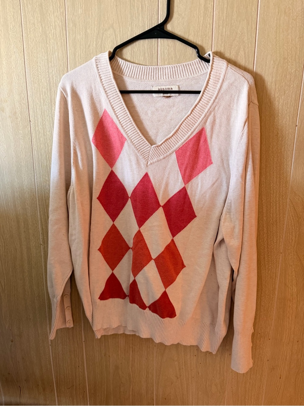 Sonoma Pink & Coral Argyle V-Neck Sweater
